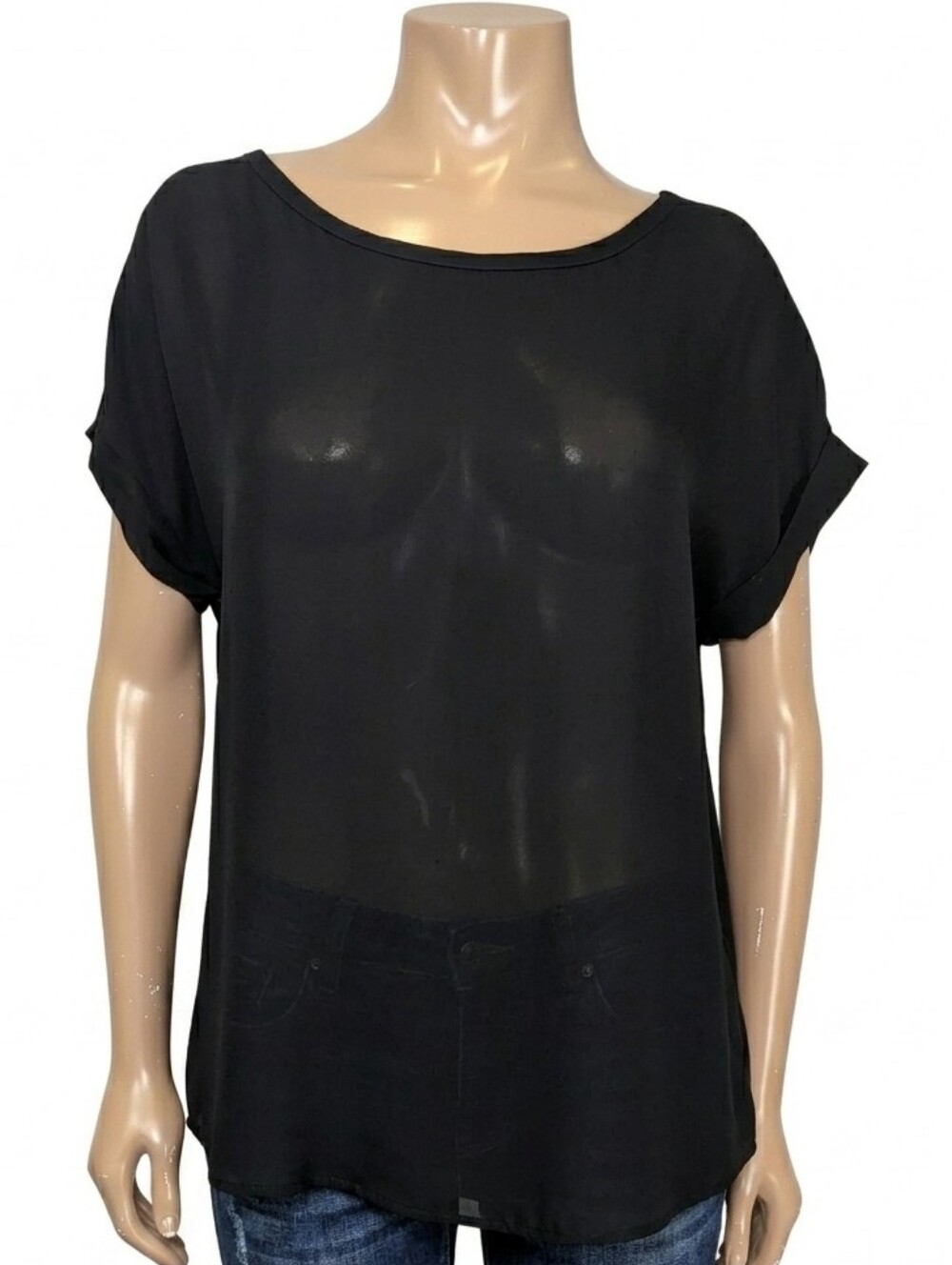 PLEIONE Black Mixed Media Pleated Back Blouse Cuffed Short Sleeve Size Medium